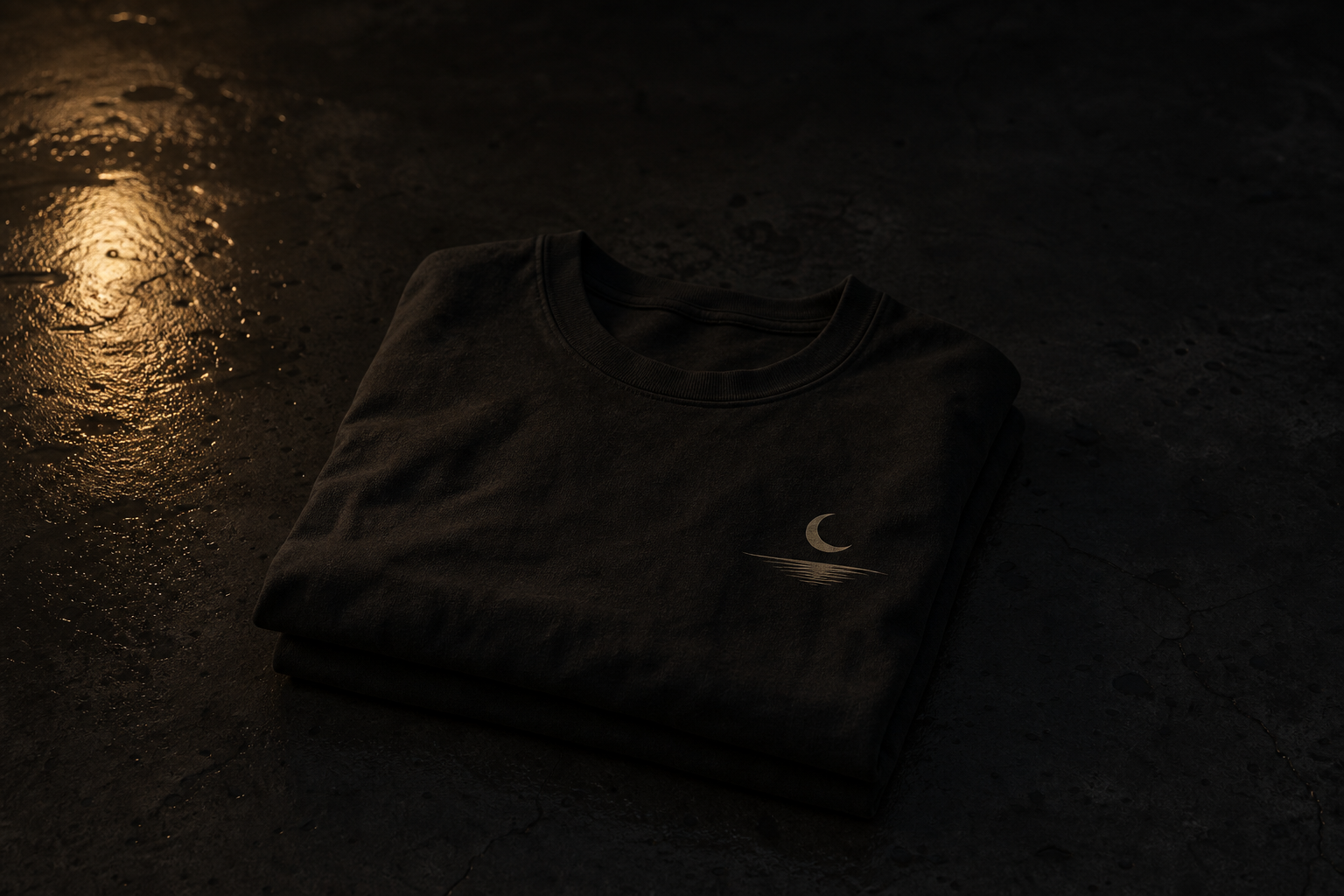 A folded oversized black tee with the drop's crescent graphic, on dark concrete under warm night light.